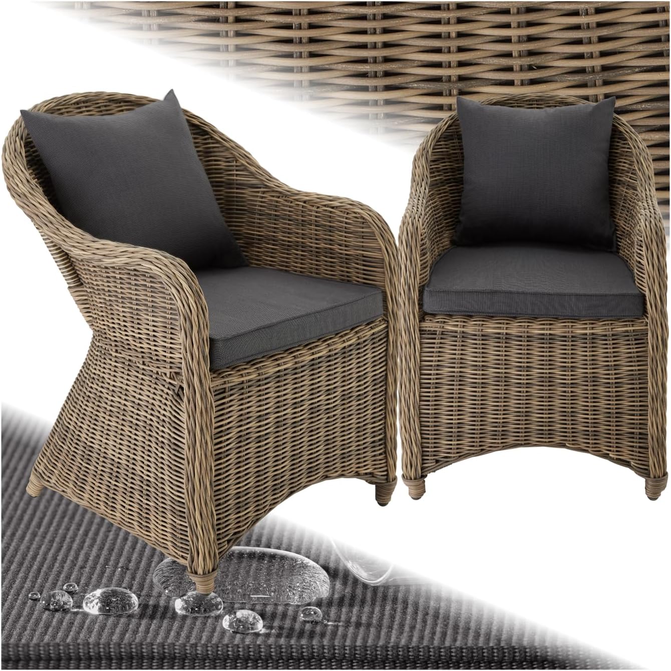 tectake Alu Polyrattan Gartenstuhl 2er Set. Gartenmöbel Set mit 2 Sessel. wetterfest. Rattan Gartensessel mit weichen Sitzpolster. abziehbarer und