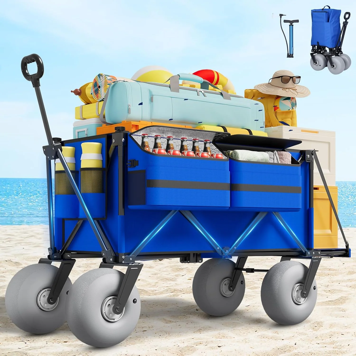 Beach Wagon with Big Wheels for Sand - 450lbs Load Heavy Duty Wagons Carts Foldable with 9 All Terrain Inflatable Tires. Collapsible Beach Cart for Grocery Shopping Garden Sports Camping Outdoor