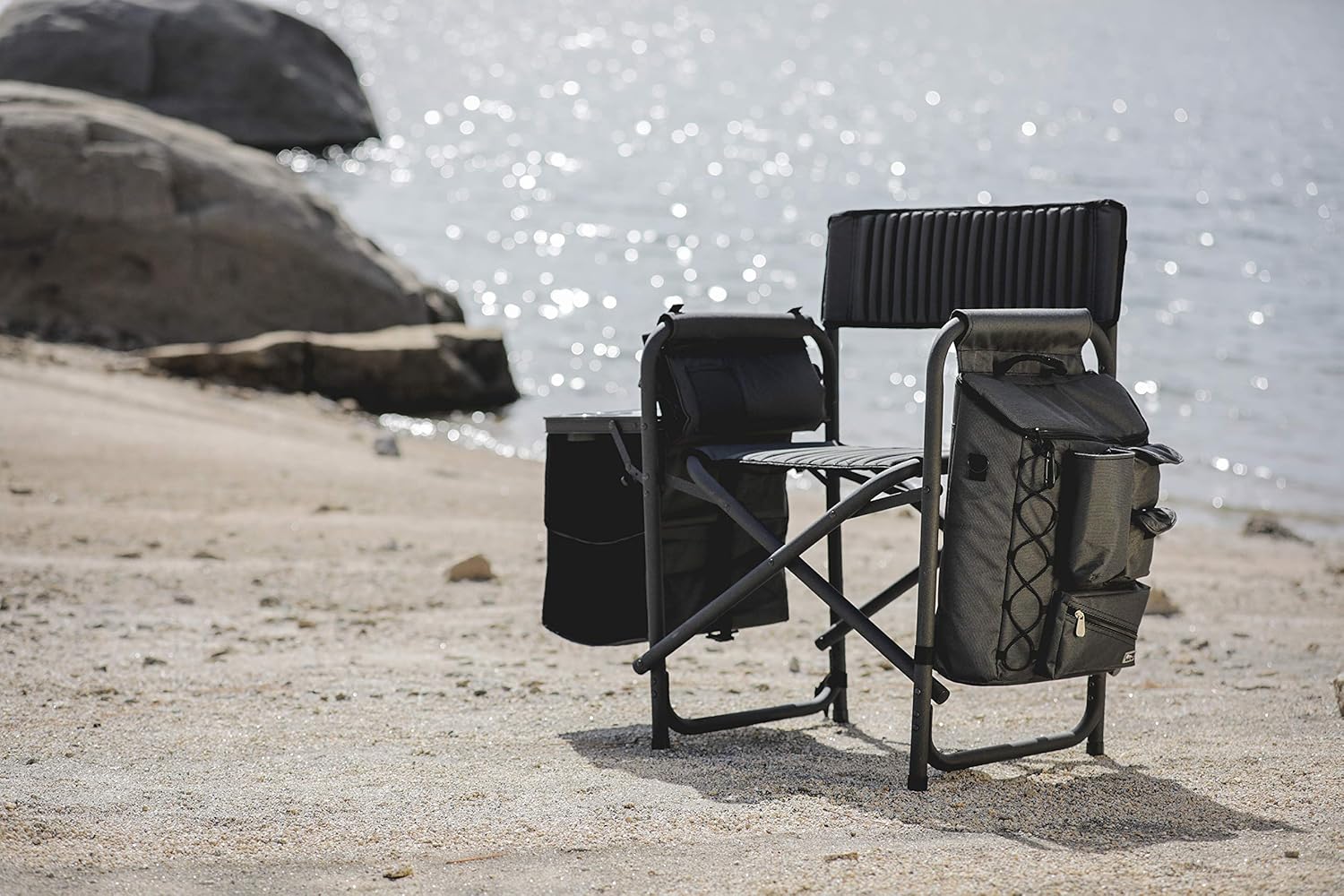 The Picnic Time brand's outdoor folding chairs with a unique design feature a grey base and a black frame. The dimensions are 33 x 7 x 21.