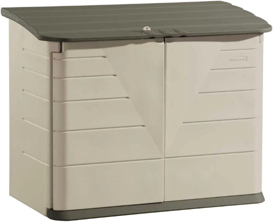 Poly resin outdoor storage shed. with floor (4.5 feet x 3 feet). weather-resistant. beige/brown. suitable for storing and organizing household/backyard/swimming pool chemicals/toys/garden tools/porch/terrace cushions.