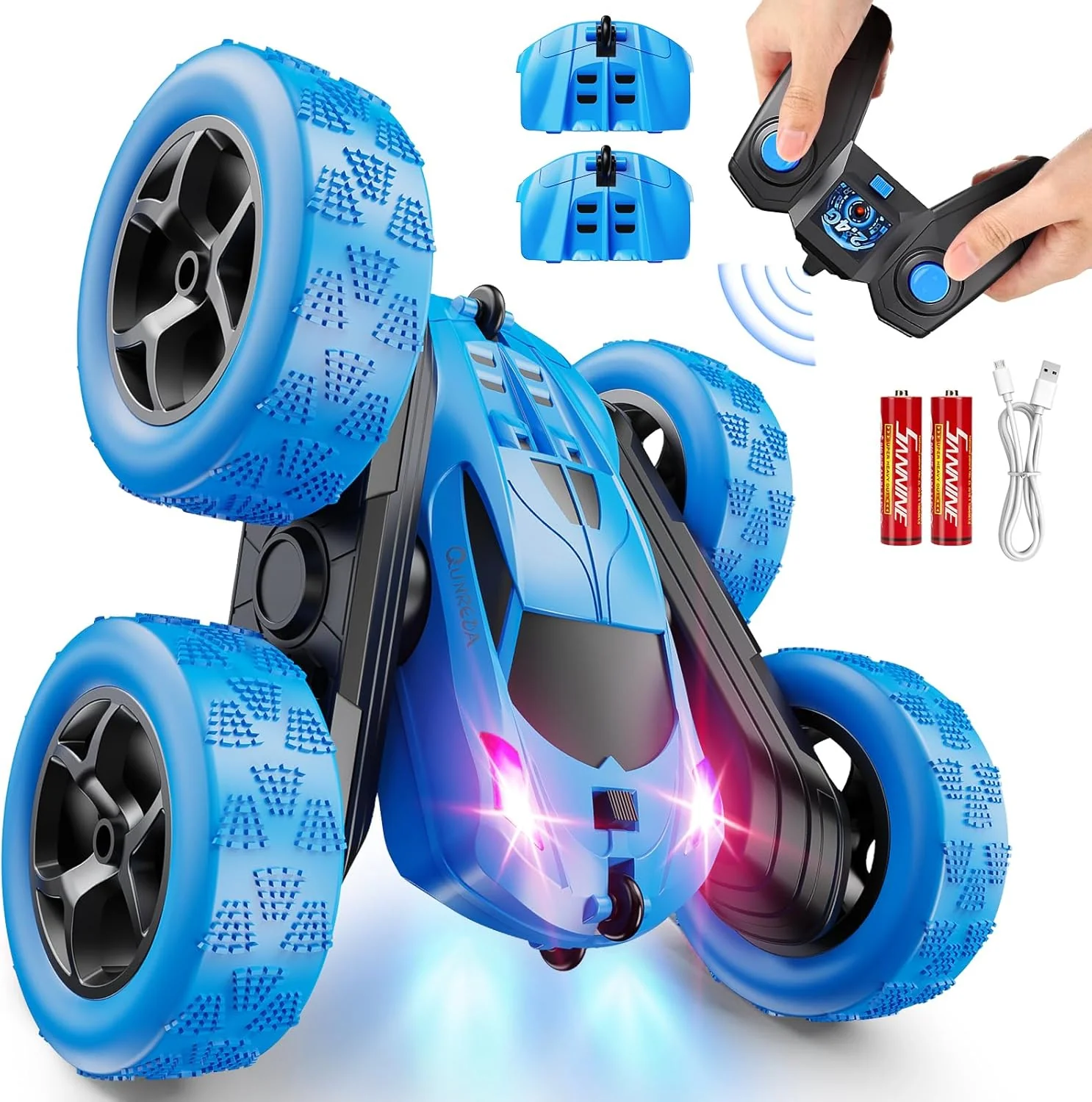 Children's version remote control car (suitable for children over 6 years old). RC car stunt toy. four-wheel drive. double-sided design. 360° rotating remote control. with headlights. is a birthday or Christmas gift for boys aged 6. 7. 8. 9. 10. 11.
