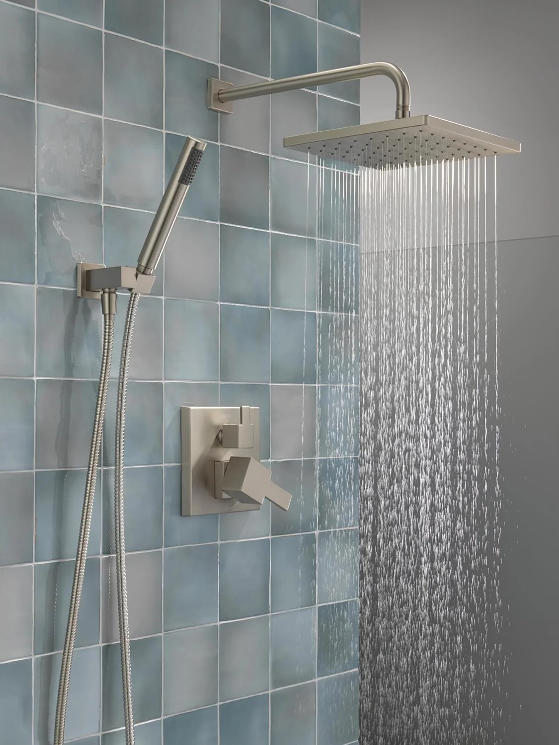 Square shower head set. rain shower head and handle set made of brushed nickel material. valve cover kit. 10 inches. stainless steel