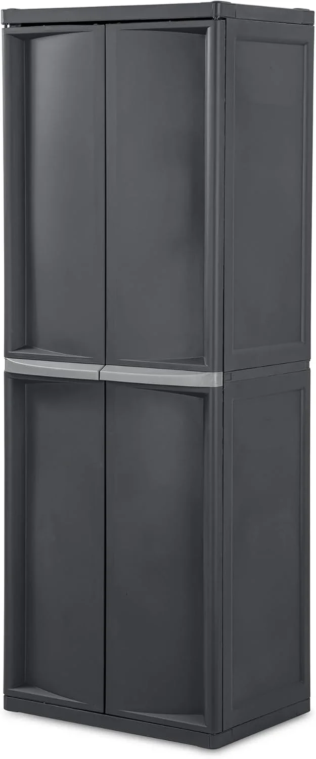 Storage Cabinet. Rugged Plastic Garage Organizer with Double Doors. 4 Adjustable Shelves. Gray