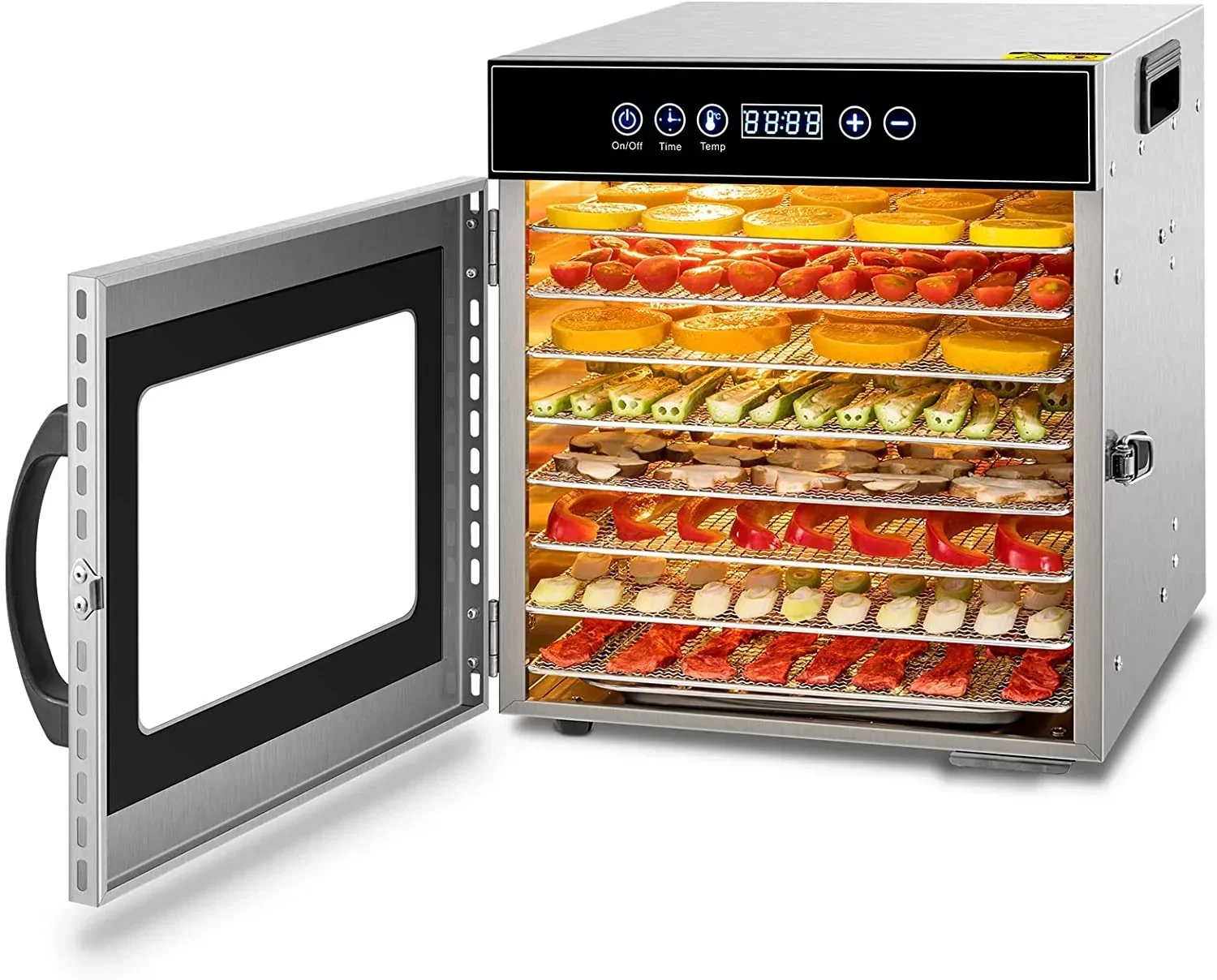 Tray Food Dehydrator. Steel Fruit Dry Machine with 30 90C Adjustable Thermostat. 24hr Digital Timer