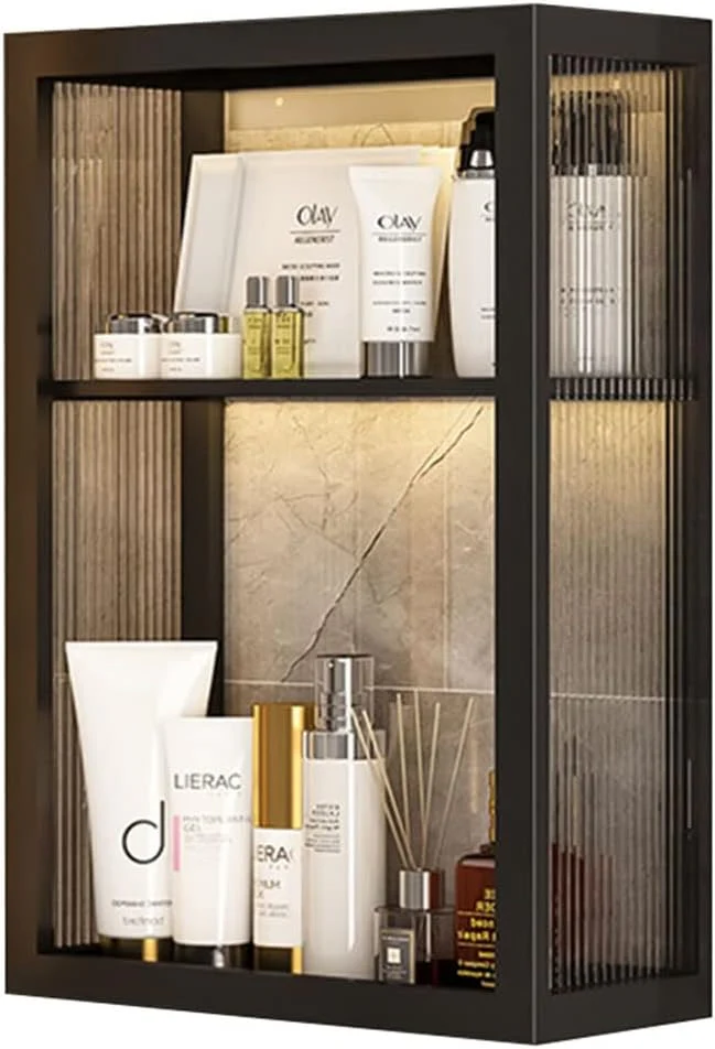 No Punching Cosmetic Locker. 4 Layer Double Door Storage Rack. Bathroom Medicine Cabinet. Toiletry Organizer Rack. Kitchen Wall Mounted Cupboard (Color : Black. Size : 40 * 15 * 60
