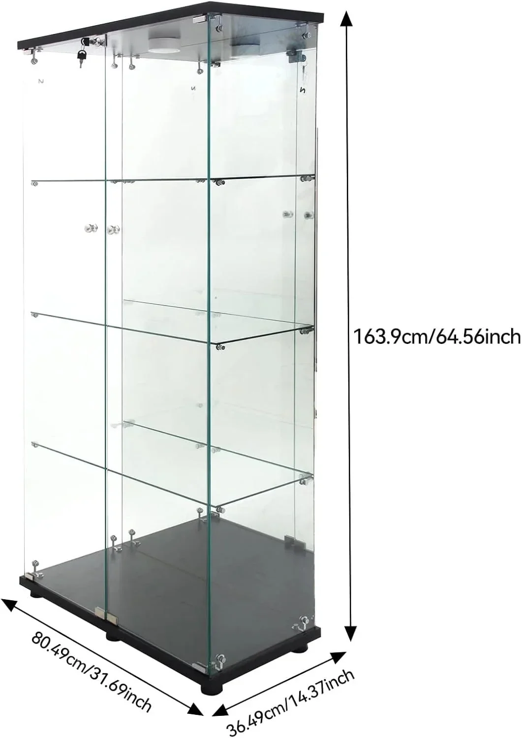 Vitrina Cristal Expositora con Luz. Puerta Cerradura. 4 estantes - Grande Vitrina de Colecciones.Vitrina de pie para Sala Oficina(Espalda Espejo)