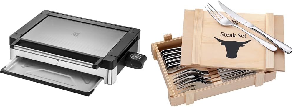 WMF Lono Tischgrill elektrisch mit Glasdeckel. beschichtete Grillplatte. herausnehmbare Auffangschale. spülmaschinenfest. Edelstahl matt. 2200 Watt