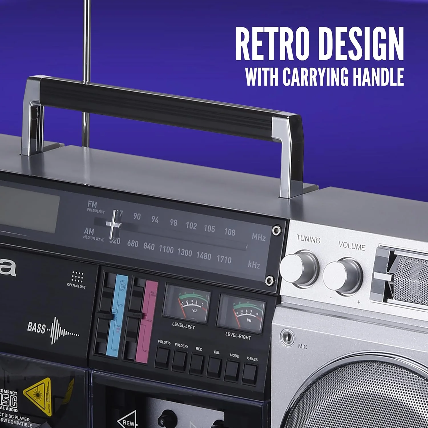 Retro-style portable CD player. featuring tape recording function. Bluetooth 5.0 technology. FM/AM radio. USB/SD/AUX input interfaces. VU meter. LCD display. dual 40-watt speakers - silver