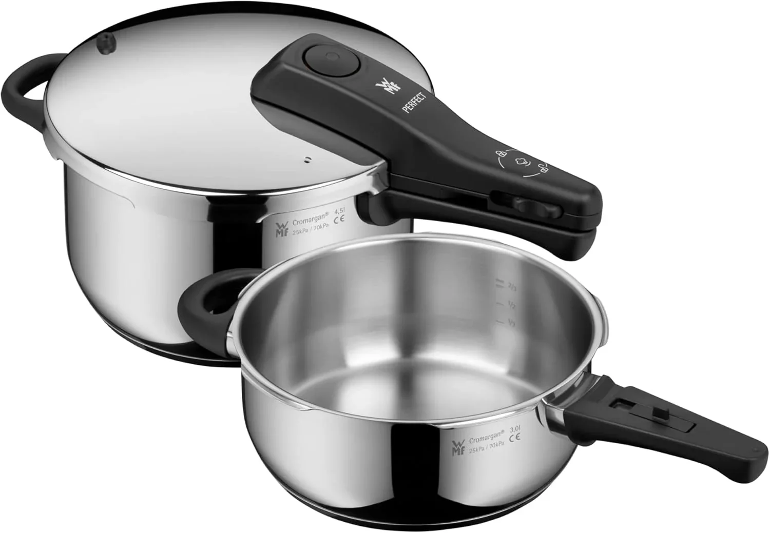 WMF Perfect One Pot Schnellkochtopf Induktion Set 2-teilig. Dampfkochtopf 4.5l. 3l. großes Kochsignal. 2 Kochstufen. abnehmbarer Deckelgriff. für alle