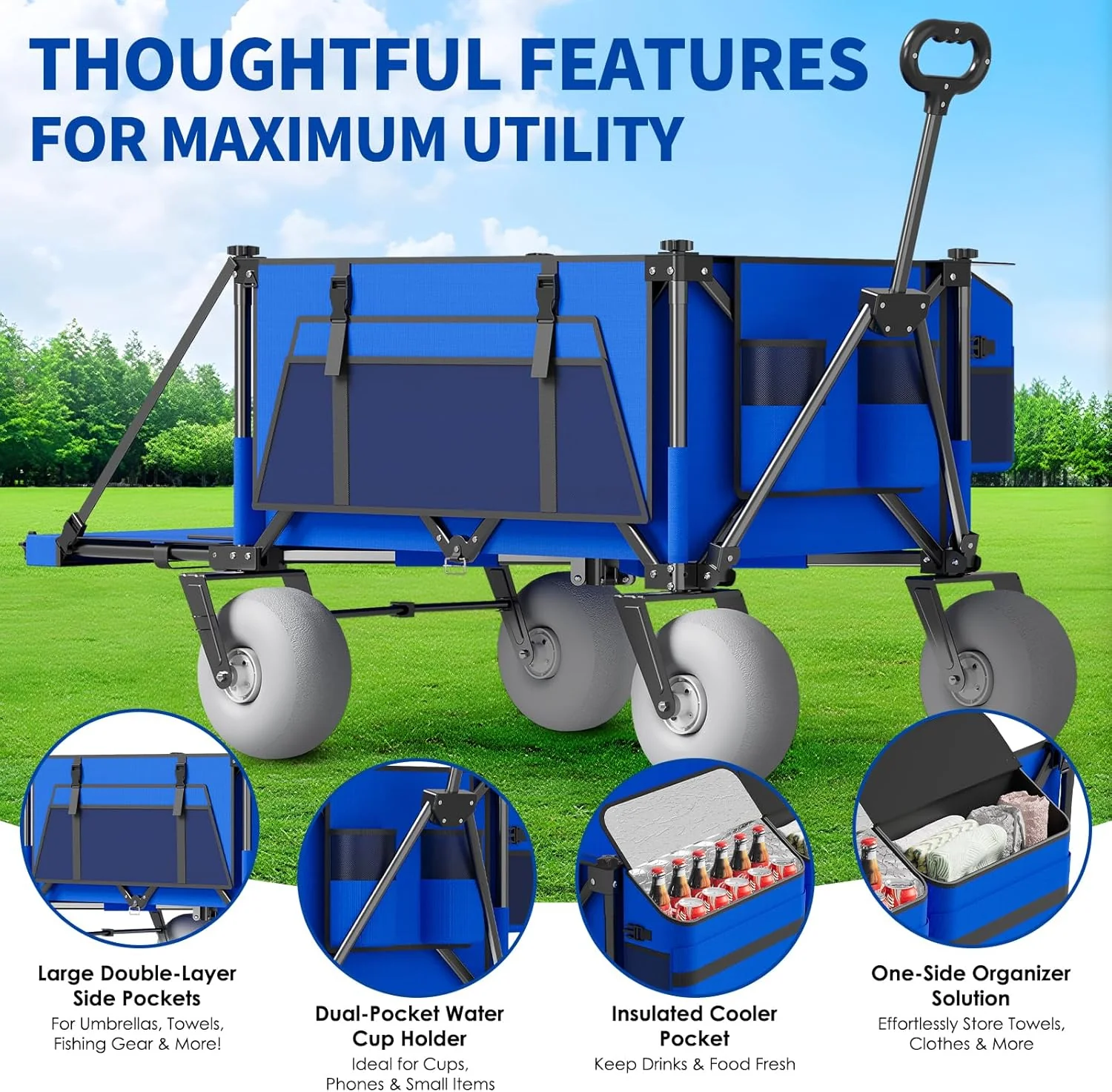 Beach Wagon with Big Wheels for Sand - 450lbs Load Heavy Duty Wagons Carts Foldable with 9 All Terrain Inflatable Tires. Collapsible Beach Cart for Grocery Shopping Garden Sports Camping Outdoor