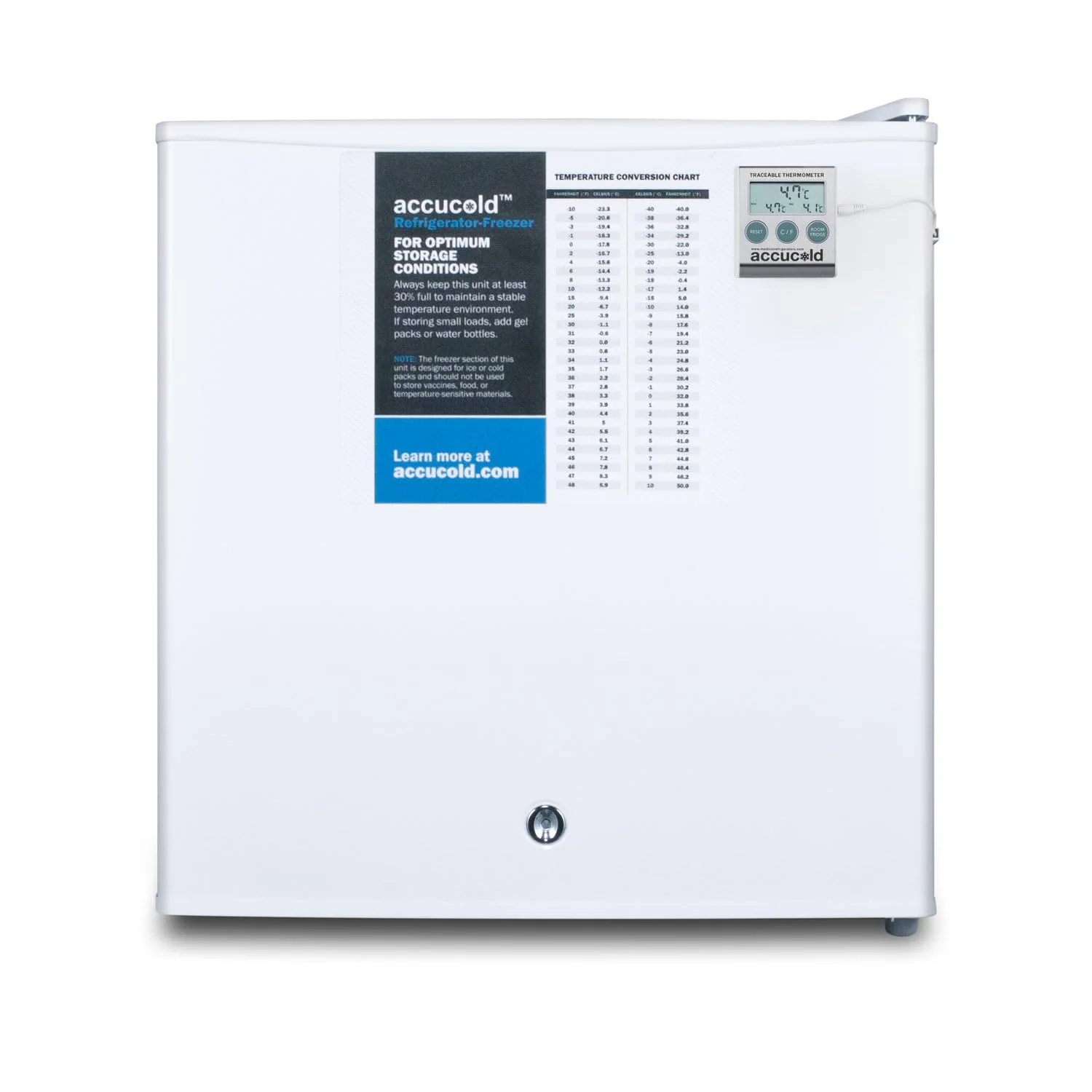 Compact refrigerator freezer. suitable for general use. with a white appearance. equipped with a NIST calibrated thermometer. manual defrosting device. hospital-grade power cord and front locking mechanism.