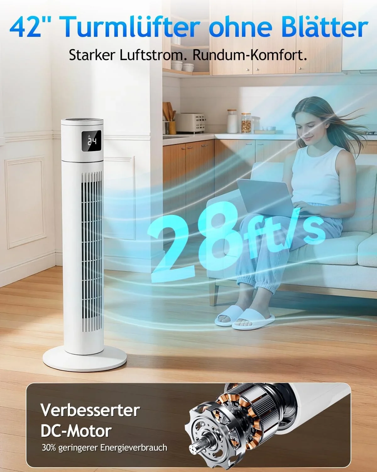 Timiyou Turmventilator 20dB Sehr Leiser für Schlafzimmer & Kühlung mit Fernbedienung | 3 Geschwindigkeitsstufen. 12h Timer. 60° Oszillation.