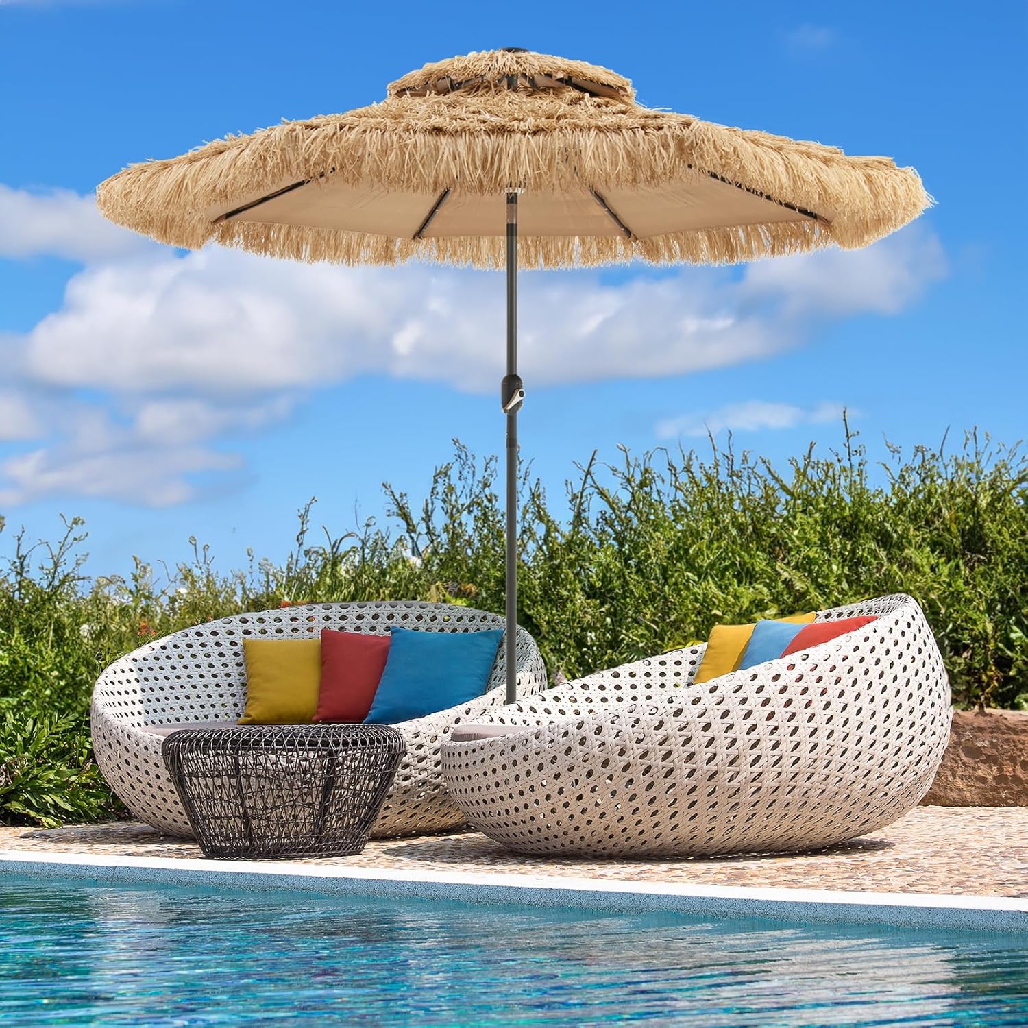 Mud-cloth style ti-ki courtyard shade umbrella - Two-layer Hawaiian lei-style inclined beach shade umbrella. equipped with 33 LED lights. 8 umbrella ribs and a rotatable lifting device. solar-powered lawn-type courtyard shade umbrella. tropical palm-