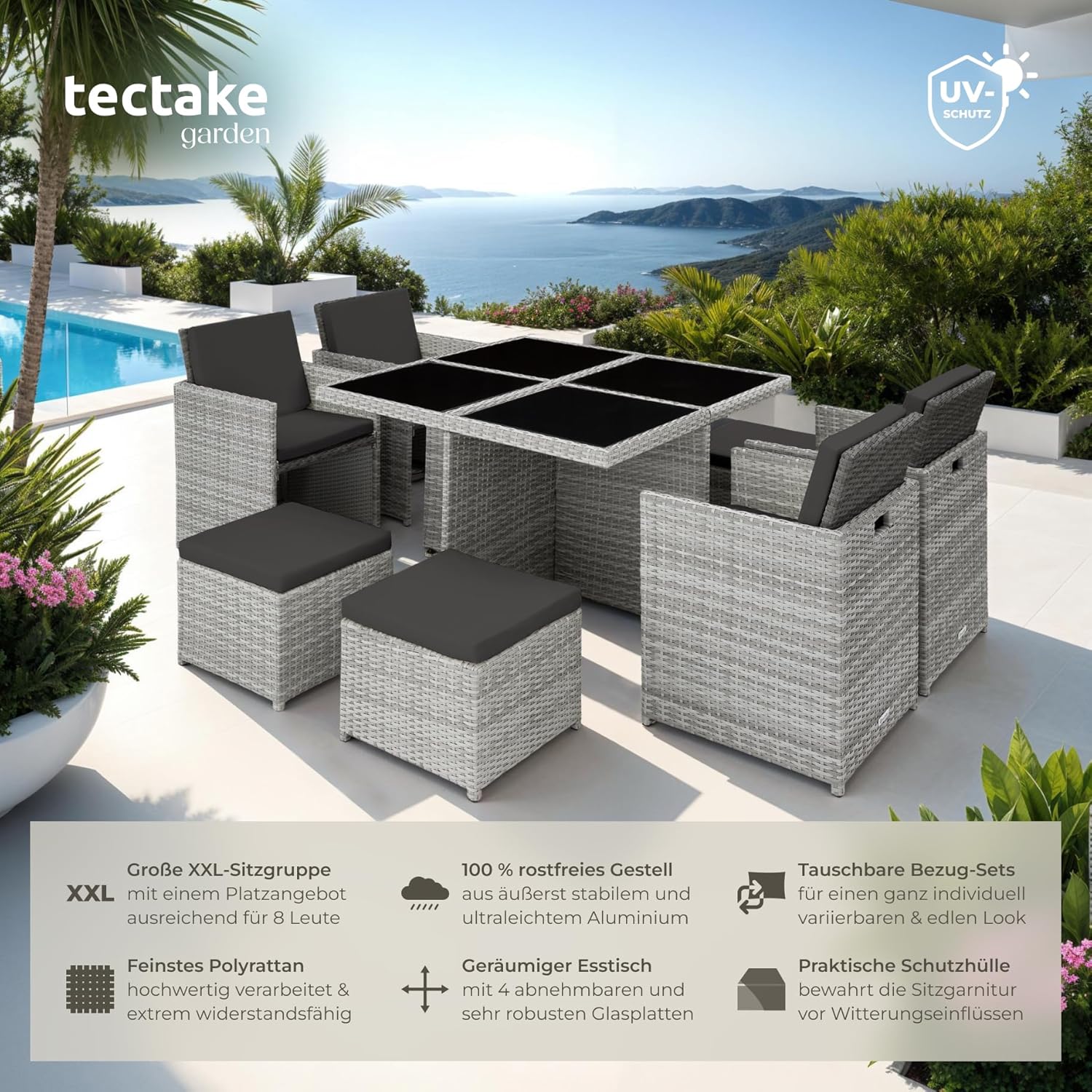 tectake Lounge Möbel Set 4X Stühle. 4X Hocker. 1x Tisch. platzsparende Cube Aufbewahrung. Outdoor Rattan Gartenmöbel für Balkon. Garten und Terrasse.