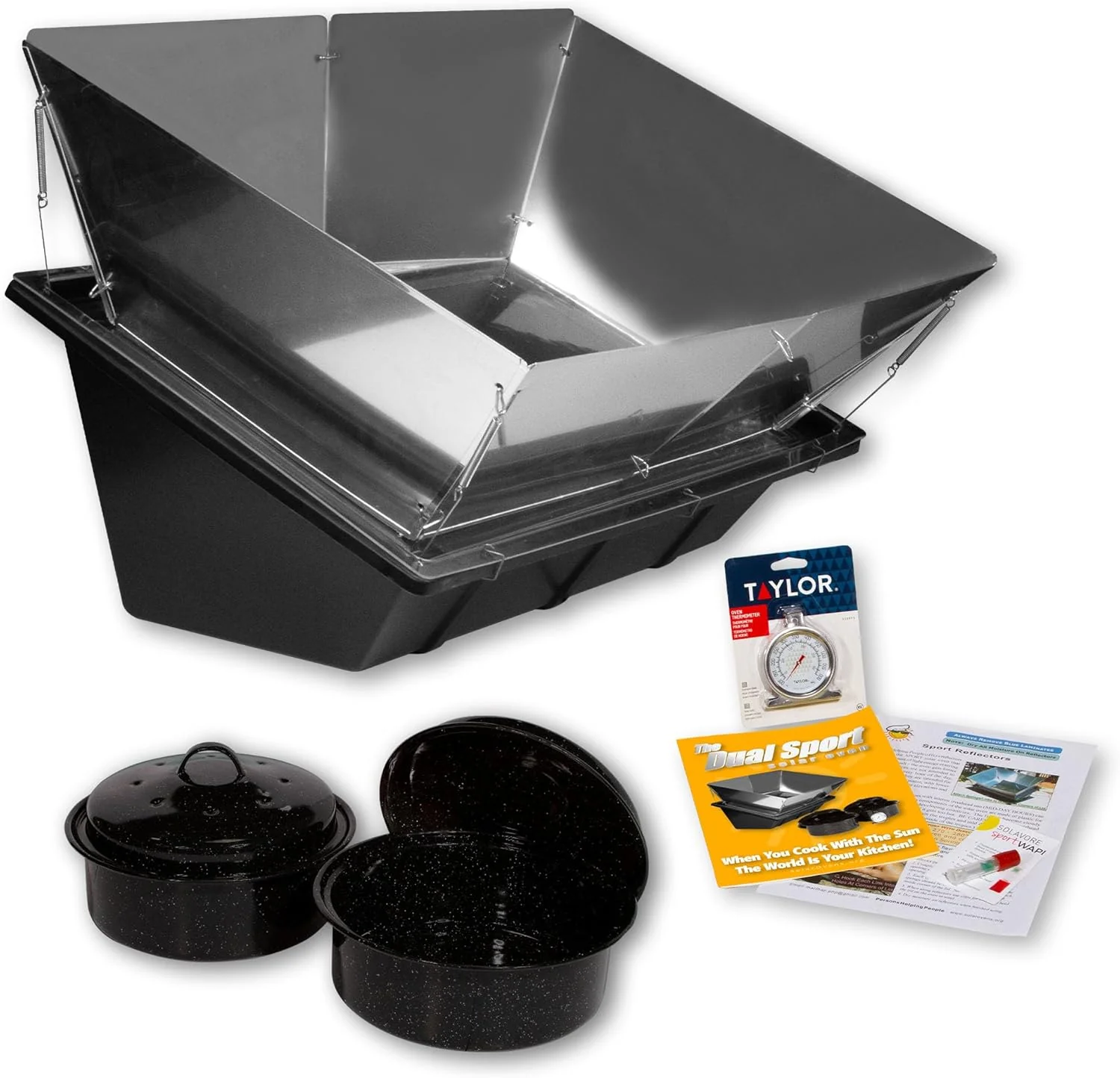 Dual Sport Solar Oven. Black. Portable Outdoor Cooking System with Reflectors. 27x17x12 Inch. 6.8 Qt Capacity. Includes 2 Pots. Thermometer. Wapi. Cookbook. and Instruction Manual