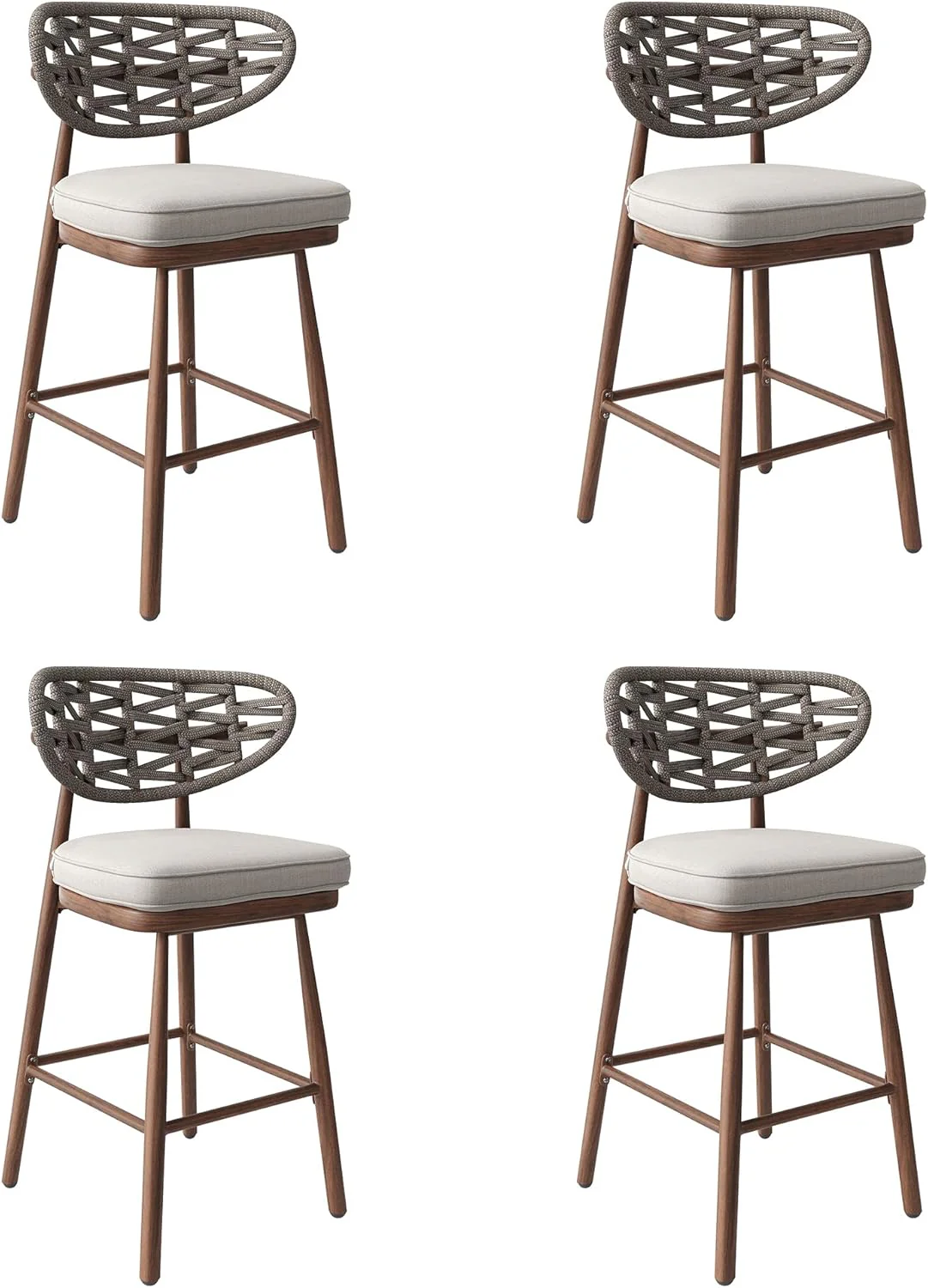 Outdoor Bar Stools Set of 2.Rattan Barstools Woven.29'' Bar Height Stools with Backrest and Teak Leg.Aluminum Bar Chairs Boho Bar Stool with Cushions.Tall Barstool for Patio.Teak