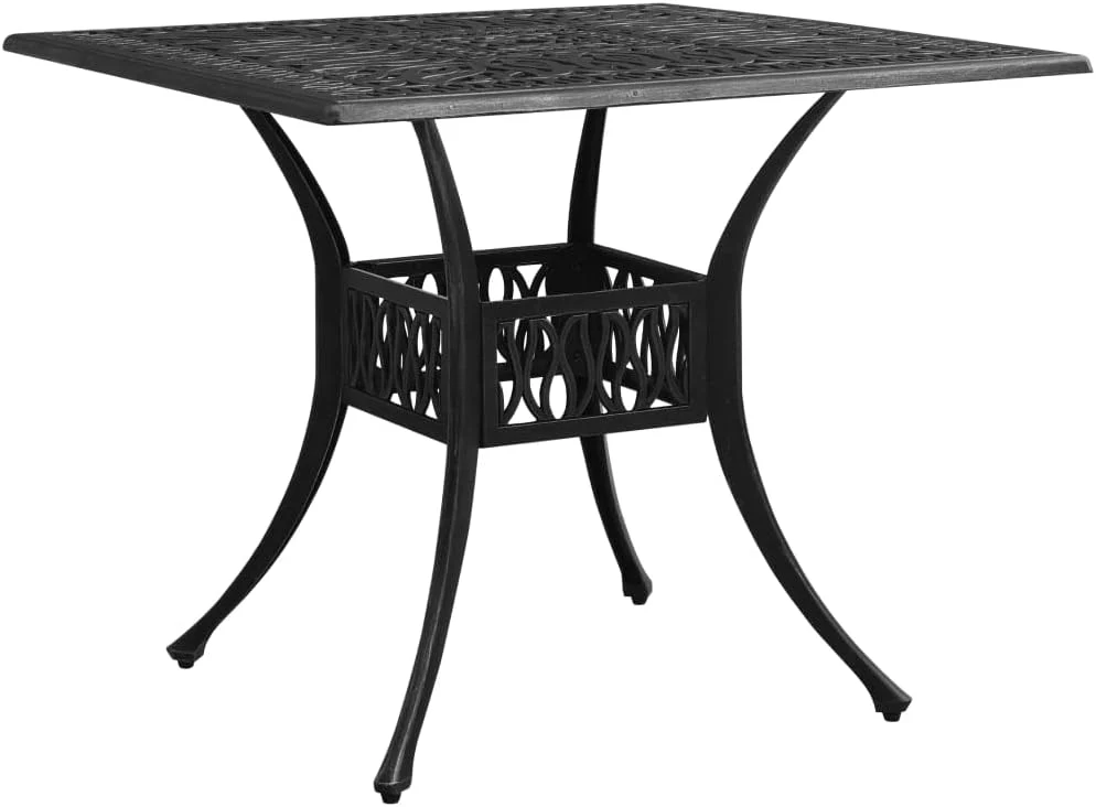 Bronze terrace table. made of cast aluminum. suitable for outdoor use. square design. stable and durable. with dimensions of 35.4 inches × 35.4 inches × 28.7 inches. equipped with umbrella holes. requires assembly.