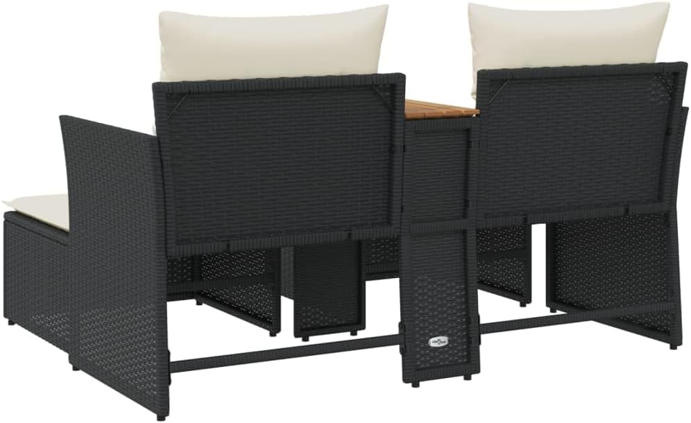 Multi-functional balcony sofa (for two people. with sunshade) - Black polyester wicker double-seat sofa. with built-in table. stool and washable cushion