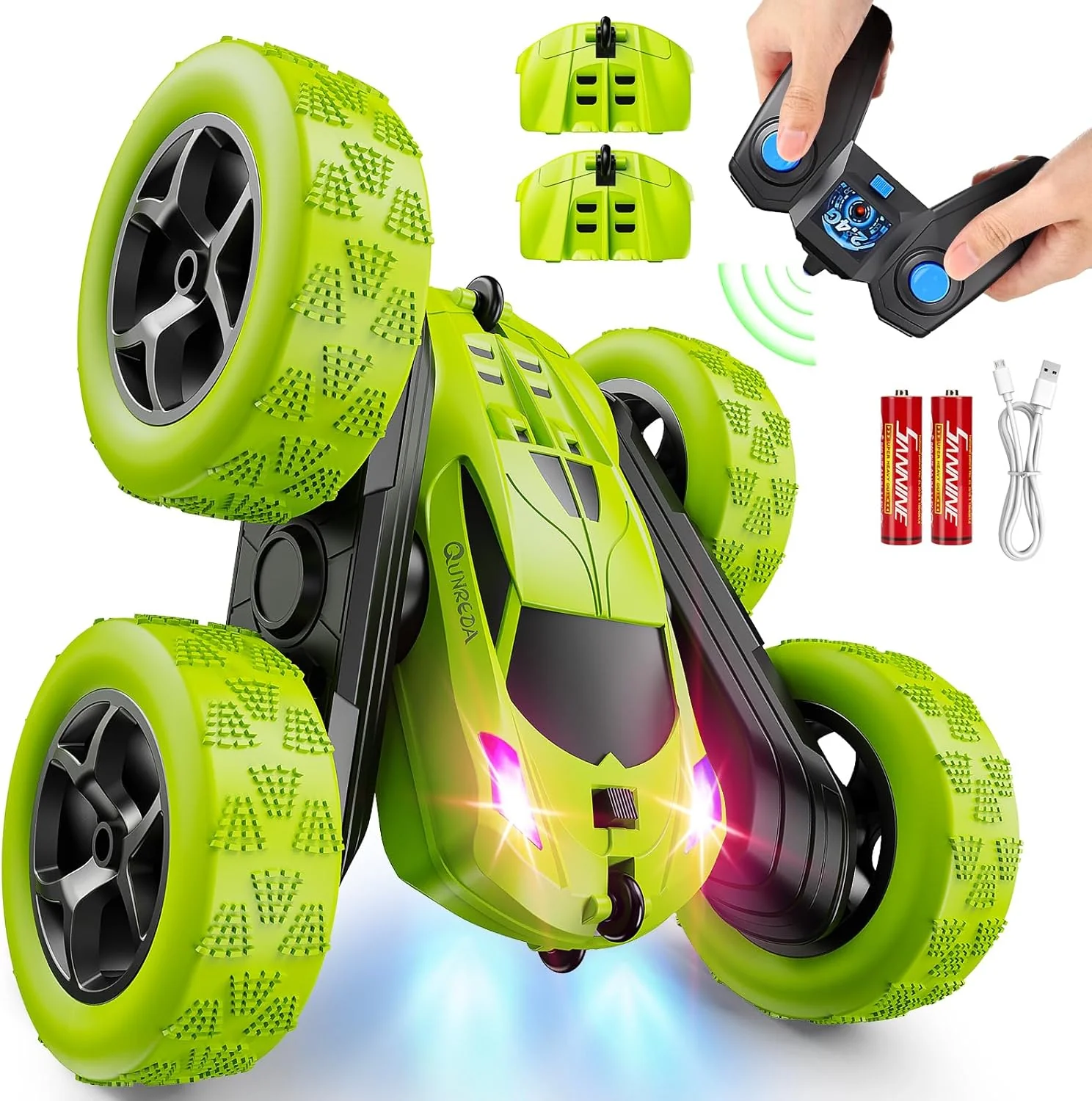 Children's version remote control car (suitable for children over 6 years old). RC car stunt toy. four-wheel drive. double-sided design. 360° rotating remote control. with headlights. is a birthday or Christmas gift for boys aged 6. 7. 8. 9. 10. 11.