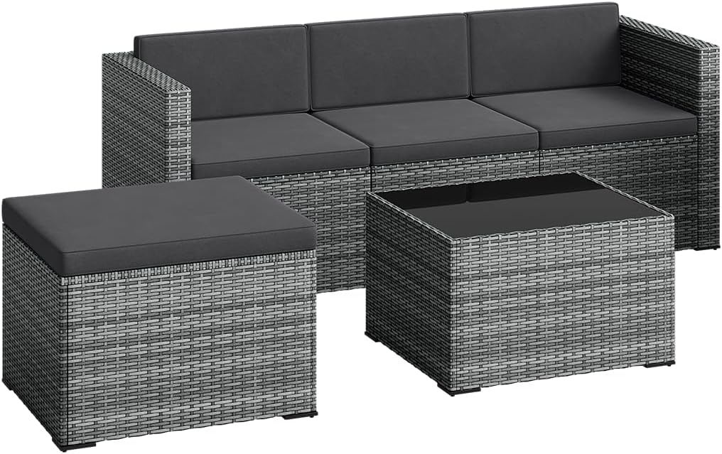 STEELSØN Zethora Rattan Gartenmöbel Set 3-TLG. – Outdoor Sitzgruppe für Garten/Terrasse/Balkon – Gartenlounge mit 3er-Sofa. Hocker & Tisch –