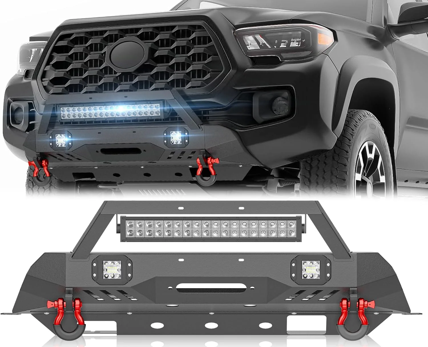 for Tacoma 3rd Gen Stubby Front Bumper Compatible with 2016 2017 2018 2019 2020 2021 2022 2023 Toyota Tacoma with Skid Plate. Winch Plate. License Plate Frame. LED Lights & D-rings. Black