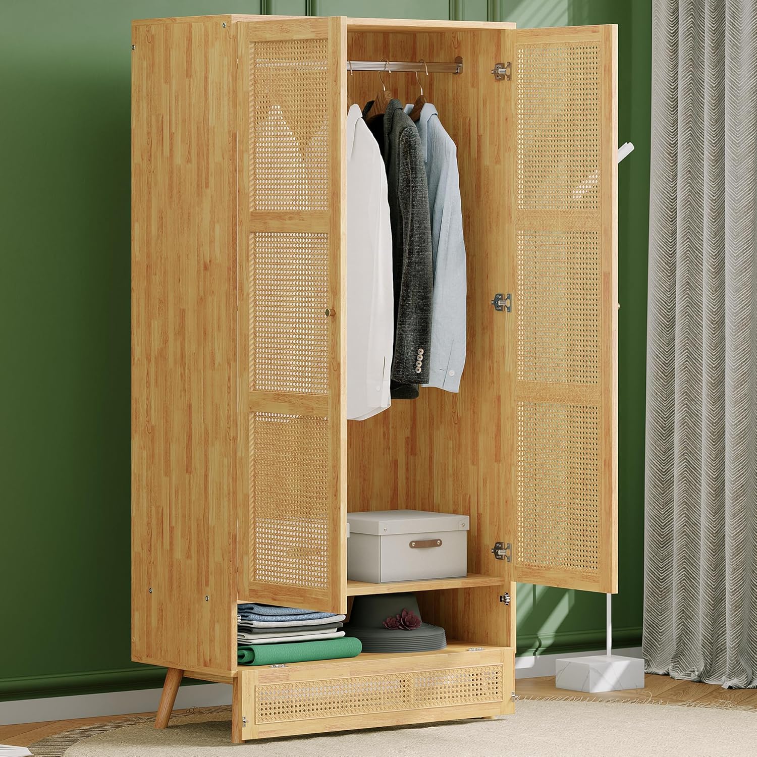 Soweiz Armario con barra. armario de 2 puertas. dormitorio. red de ratán. sala de estar. con tapa inferior abatible. tableros de partículas+ratán de