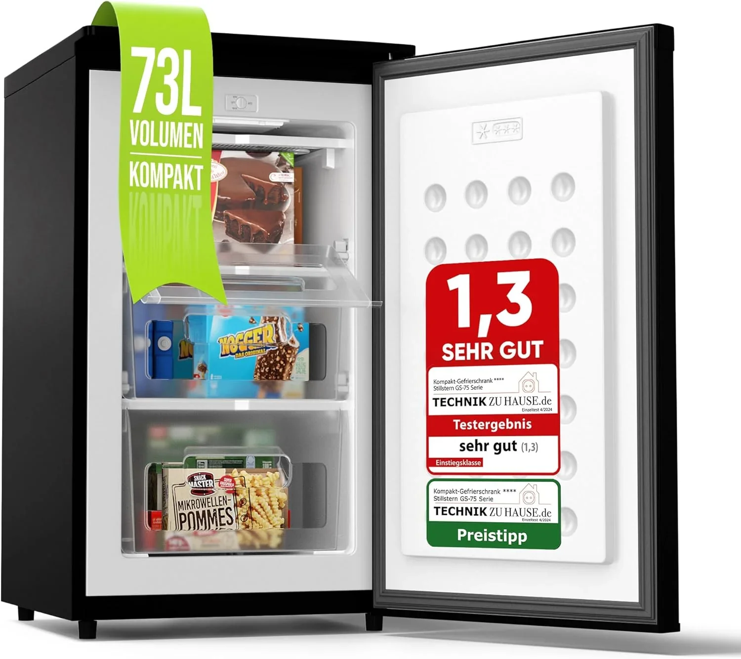 Stillstern Gefrierschrank C (73L) 4-Sterne-Gefrierfach -18°C ger. Energiever. Mini Freezer mit 3 Fächer. stufenlos reg. Temp.. kleine Tiefkühltruhe.