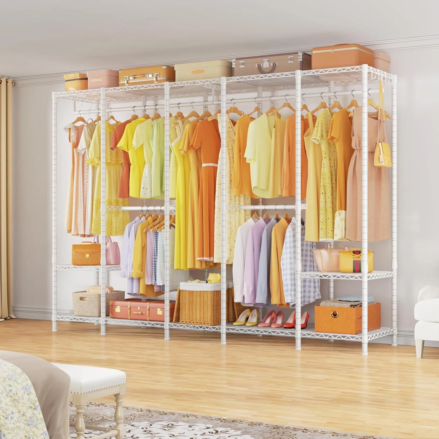 Super large clothes rack. heavy-duty clothes storage rack. standalone portable wardrobe. clothes rack for hanging clothes. 89.8 inches wide x 15.8 inches deep x 76.4 inches high. maximum load capacity of 1400 pounds. white