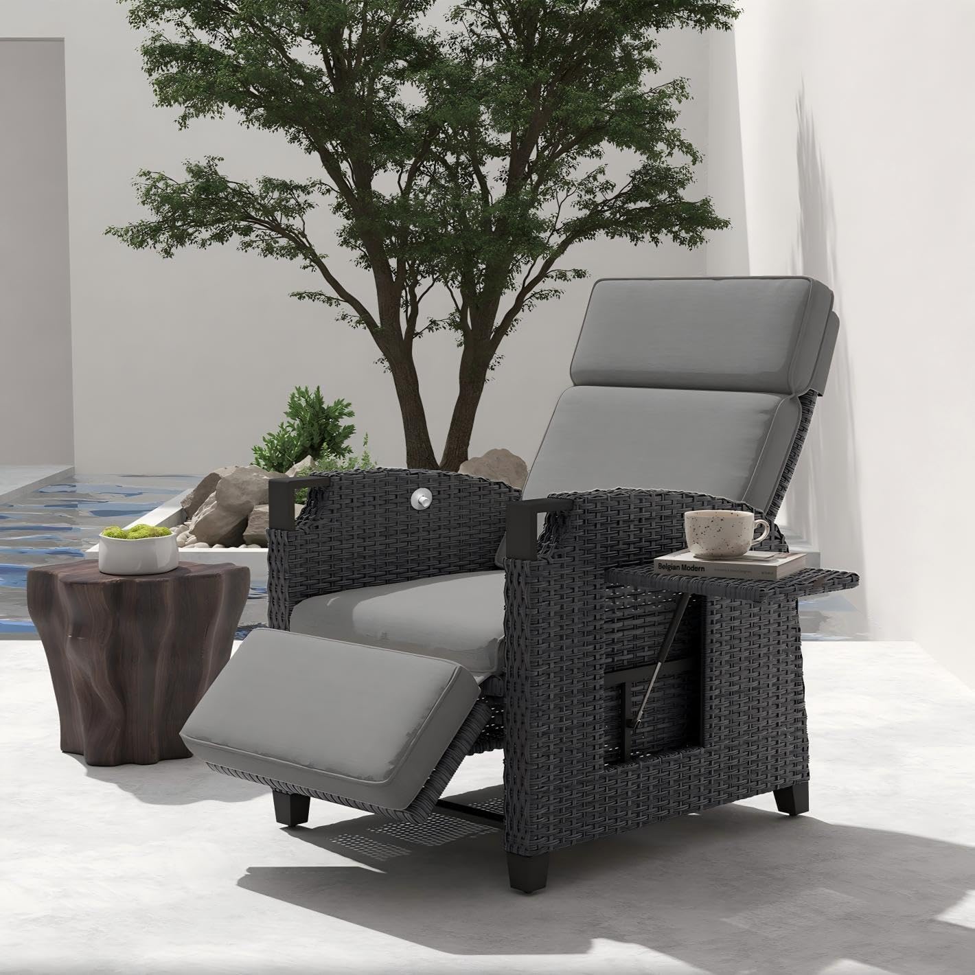 UDPATIO Sillón Ratán Jardin Exterior Reclinable. Tumbona de Jardín Ajustable 150°. con Respaldo Ajustable. Fundas + Extraíbles Cojines. Impermeable.