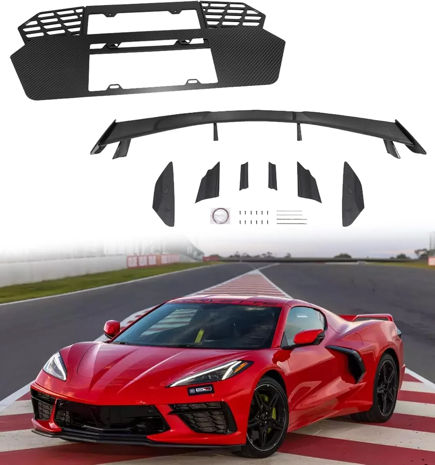 Bundled Items of C8 License Plate Frame and C8 High Wing Spoiler Fit for Corvette C8 2020-2025 Stingray Z51 2020-2025