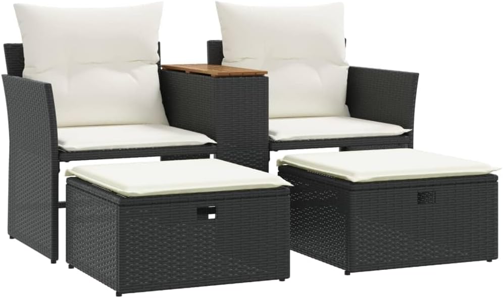 Multi-functional balcony sofa (for two people. with sunshade) - Black polyester wicker double-seat sofa. with built-in table. stool and washable cushion