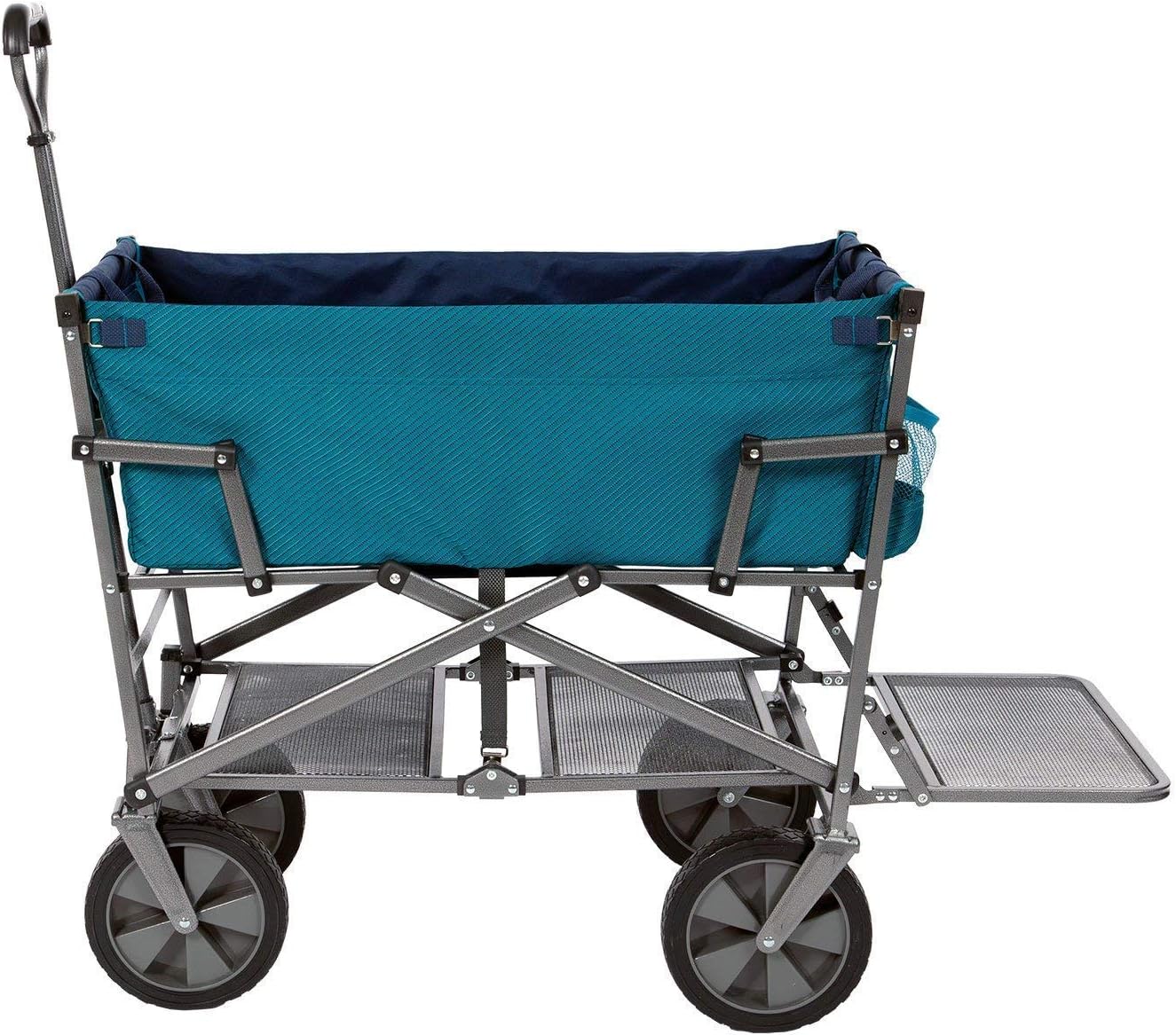 A foldable double-layer outdoor multi-functional truck. equipped with a long lower shelf. in blue-green color.