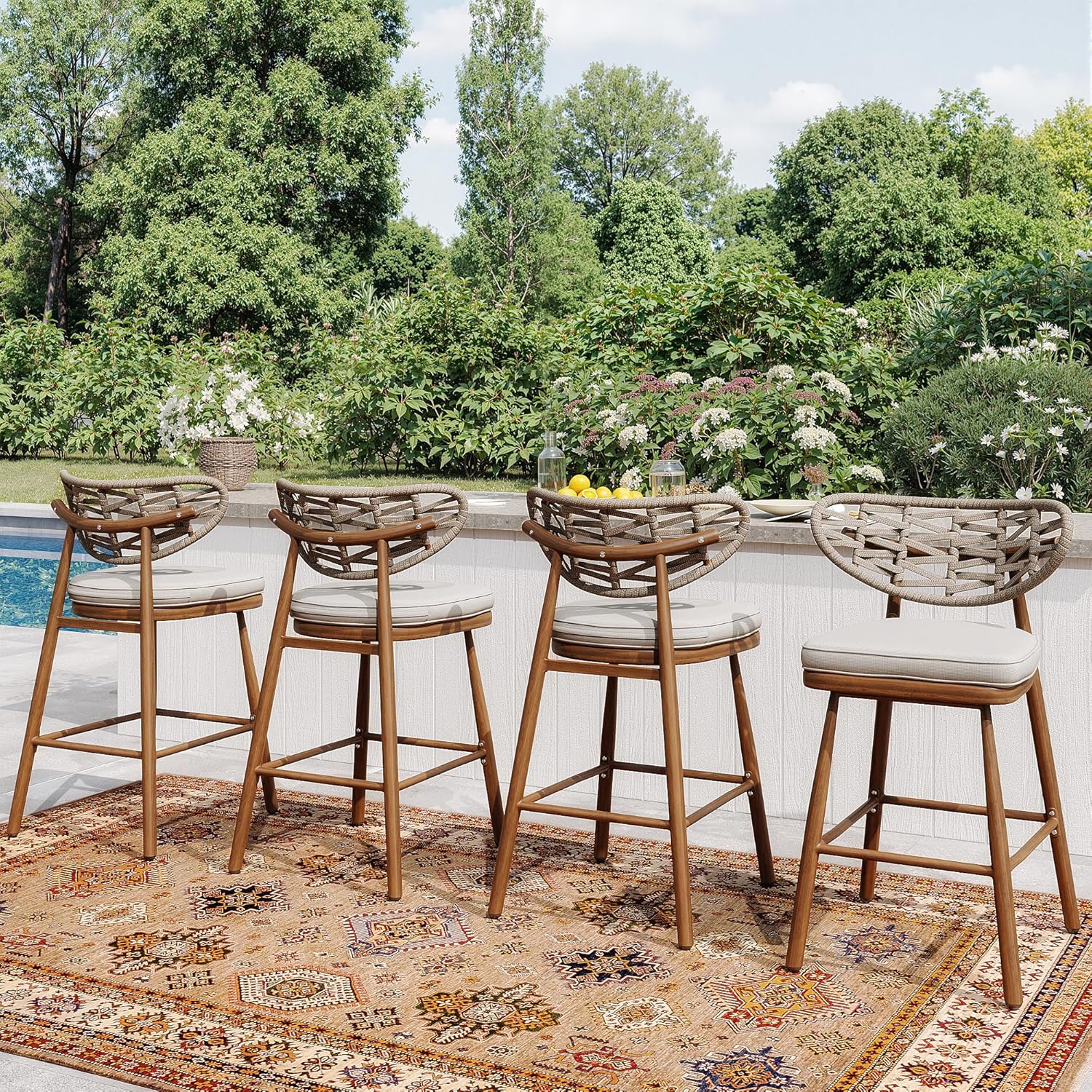 Outdoor Bar Stools Set of 2.Rattan Barstools Woven.29'' Bar Height Stools with Backrest and Teak Leg.Aluminum Bar Chairs Boho Bar Stool with Cushions.Tall Barstool for Patio.Teak