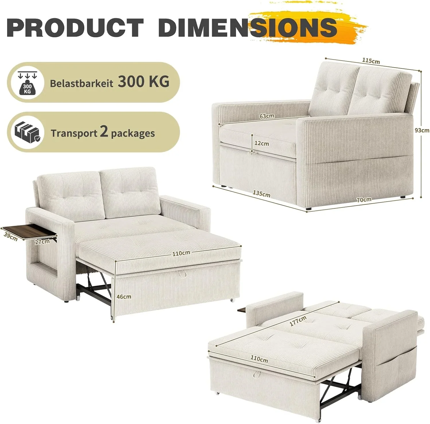 YOUDENOVA Sofá Cama 3 en 1. Sillón Cama multifunción. Sofá reclinable con Respaldo Regulable en 5 Posiciones. Sofá Cama para 2 Personas con Mesa y