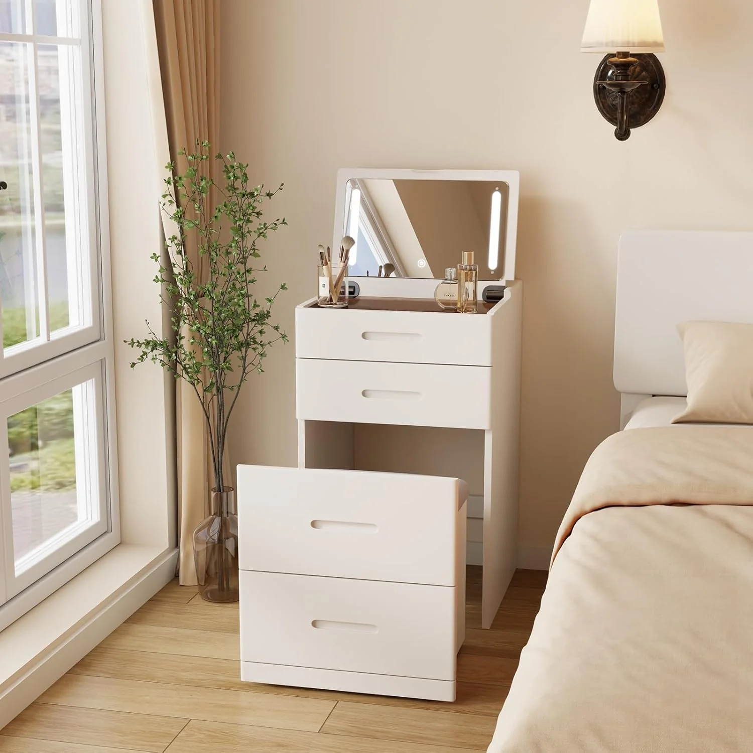 Solid Wood 3 in 1 Vanity Desk with Flip Top Mirror. No Assembly. Compact Vanity with Hidden Chair. Small Makeup Vanity Set with Power Outlet. Dressing Table for Bedroom. White