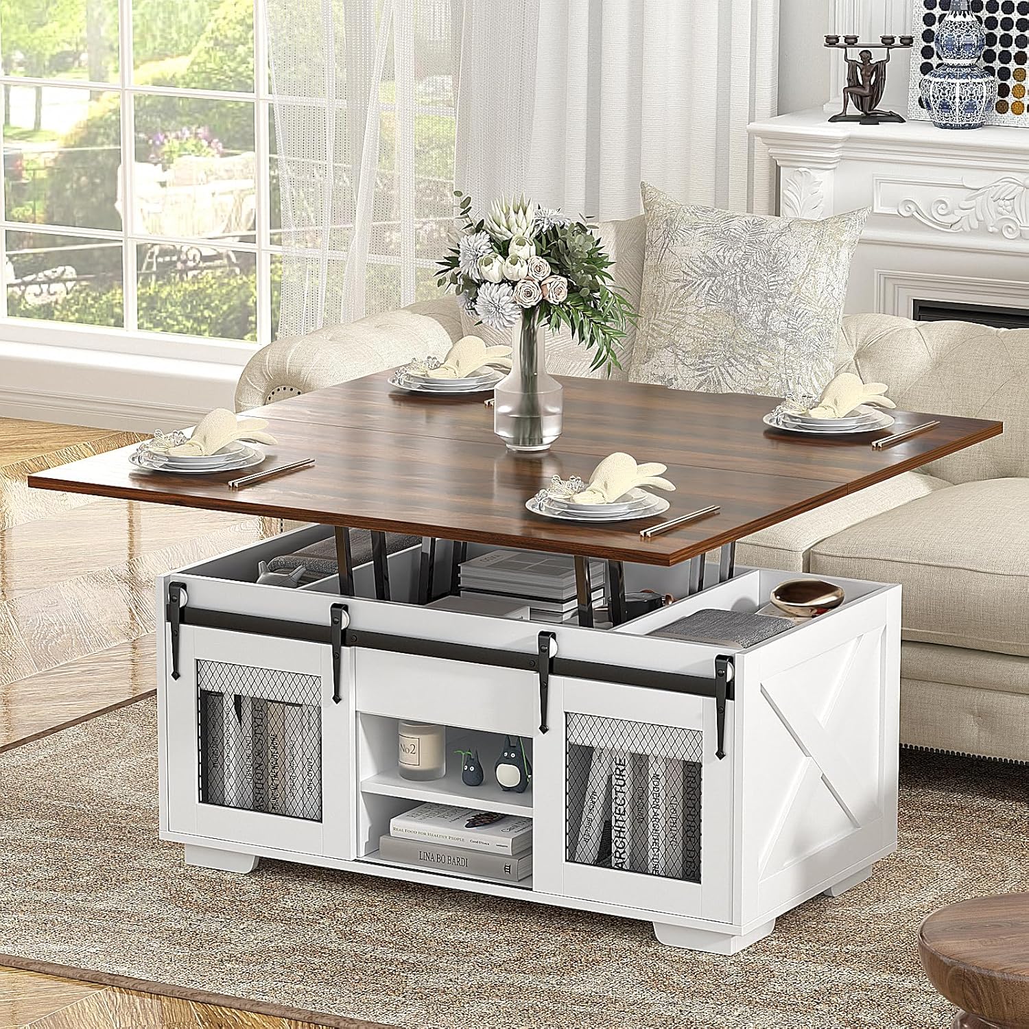 VOWNER Mesa de Centro Elevable. Mesa Extensible. Multifuncional 3 en 1 con Almacenamiento Oculto - Comedor. Convertible. Estilo Granja. Nogal