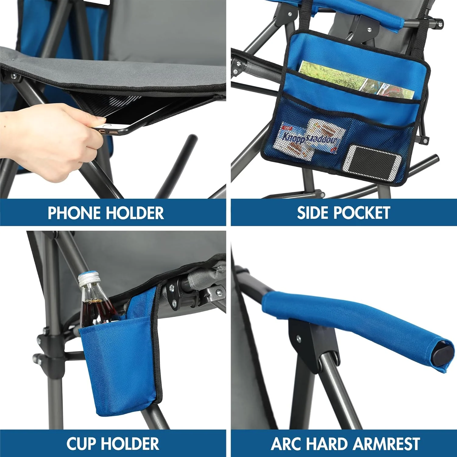 Large-sized foldable rocking chair-style camping chair. Portable outdoor rocking chair. equipped with a high back and sturdy armrests. The carrying bag can bear a weight of 300 pounds. The back of the seat has padding. The color is blue.