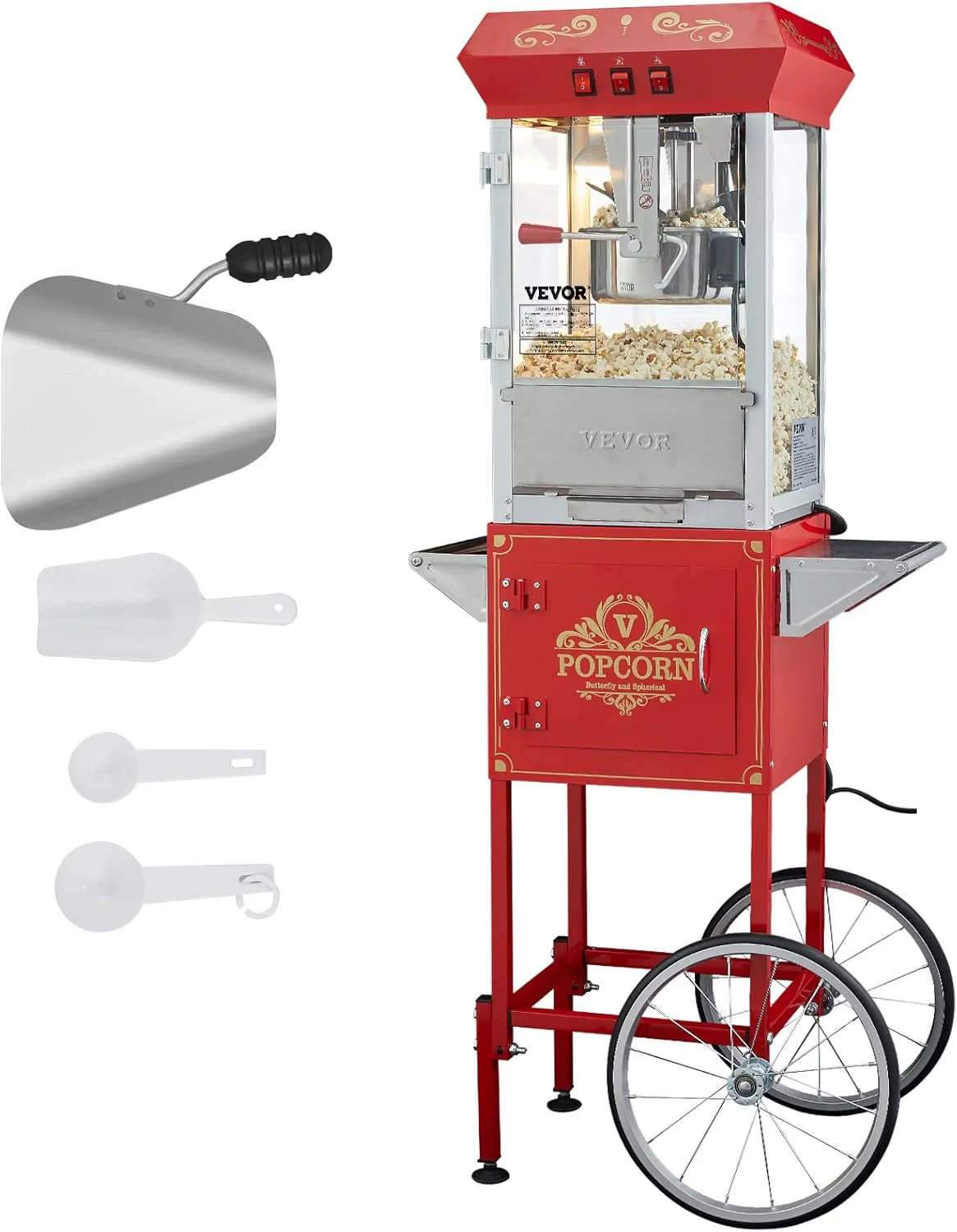 Popcorn machine. 12-ounce pot capacity. 1440-watt countertop popcorn machine. can produce 80 cups per batch. cinema-style popcorn machine. equipped with 3 switches for control. steel frame. tempered glass door. 1 pot. 2 spoons. red version