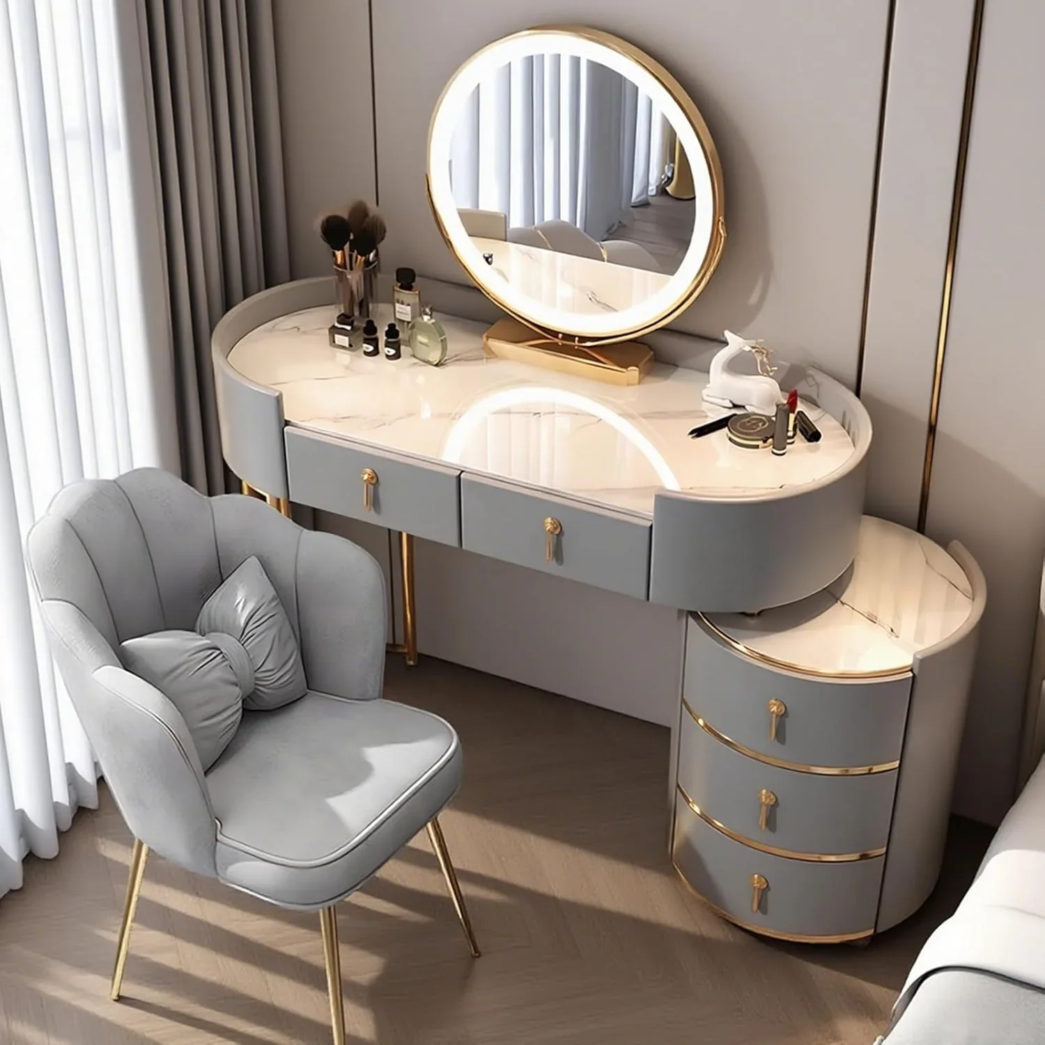 Weiß Große Schminktisch. Kosmetiktisch mit 3 Farbmodi Beleuchtung Spiegel und Hocker. Schminktische Make Up Tisch. 5 Schubladen Frisierkommode. Sich