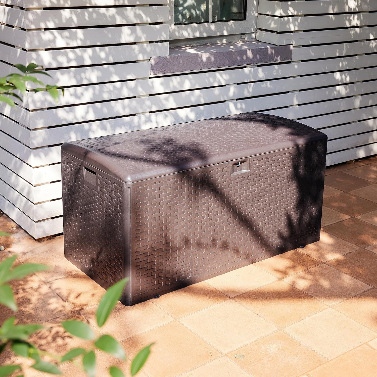 Outdoor patio storage box - 150 gallons. Loft box. waterproof and highly resistant to weather. suitable for furniture cushions and gardening tools. brown color scheme.