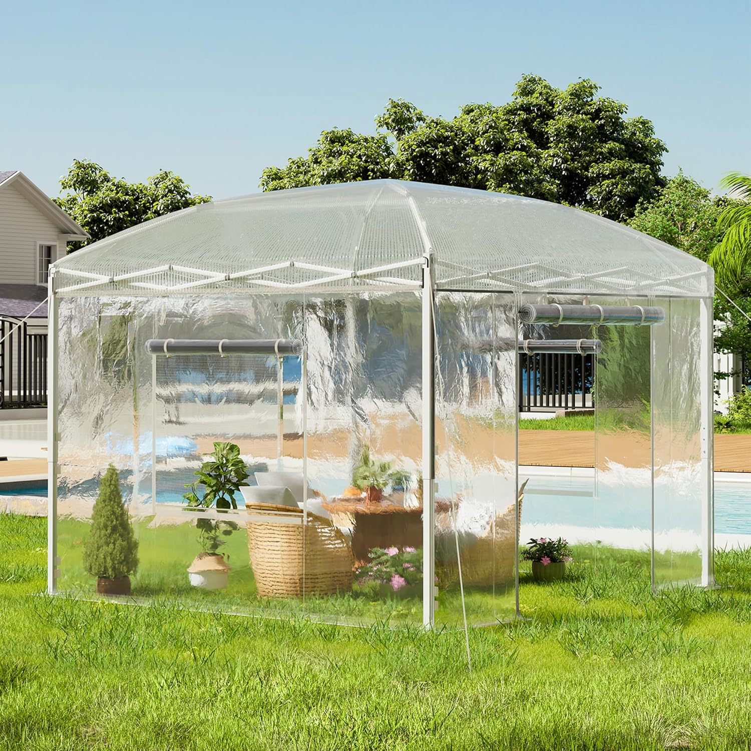 19.2×9.7×8.5 feet Outdoor upgraded retractable greenhouse with adjustable reinforced frame. portable walk-through greenhouse. equipped with 2 rollable zipped doors and mesh windows. PE shell. white
