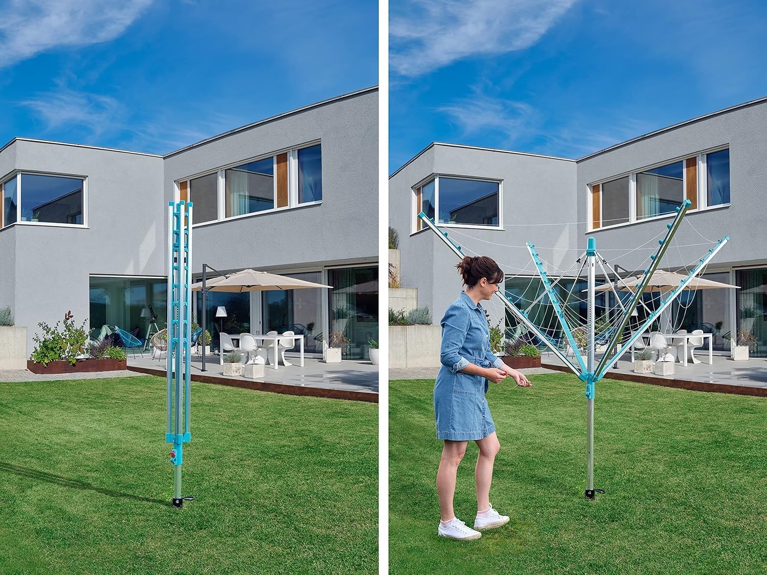 Simple drying machine. extendable by 50 meters to maintain cleanliness. made of fully rust-free aluminum material. with a shaft diameter of 3.28 meters and a maximum length of 2.03 meters. It has a pull-out rotating clothes drying rack. emerald green