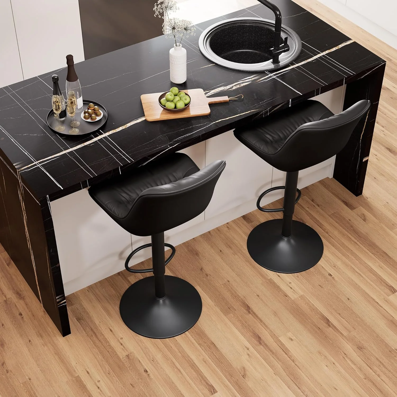 Bar stool set (2-piece) Adjustable rotating style. black color. covered with PU leather and equipped with a backrest. suitable for medium-height stools used in kitchen island or home bar.