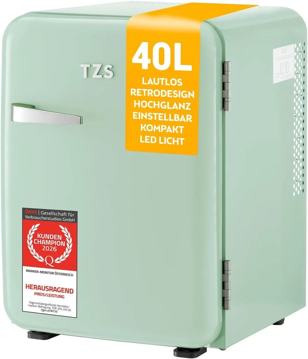 TZS First Austria - Retro Mini Kühlschrank 40L - Lautlos - Vintage Minibar für Schlafzimmer & Büro - mint