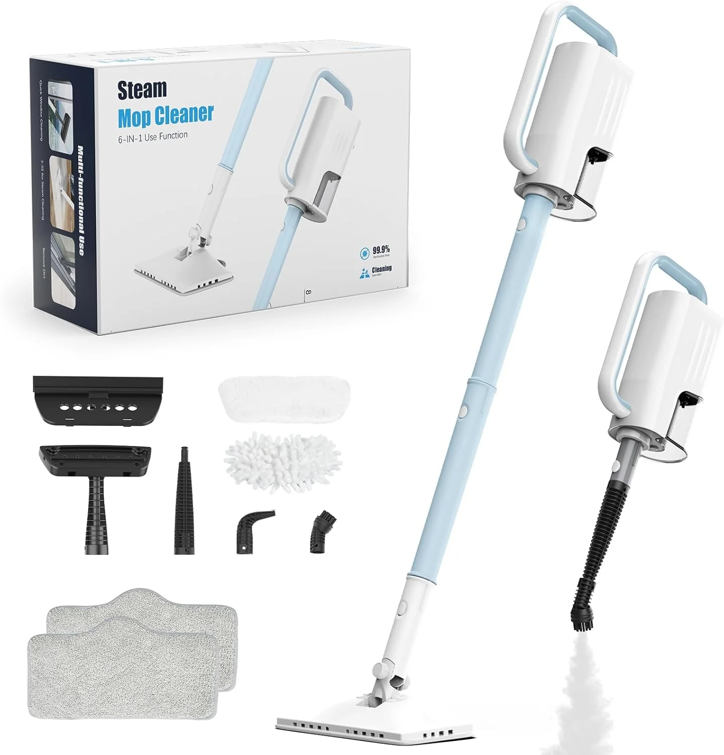 Steam Cleaner. 6 in1 Rotated Steam Mop Cleaner with 2 Modes. 2 Microfiber Pads. 400ML Removable Tank. 23FT Power Cable. Detachable Steam Mops for Floor. Laminate Floor. Tiles Cleaning (Light Blue)