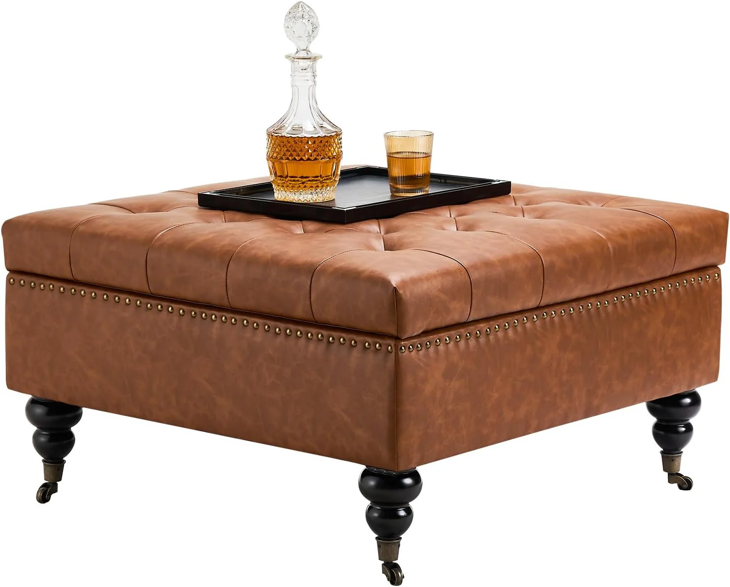 Square leather footstool with storage function. coffee table-style footstool with soft padded raised buttons. equipped with wheels. polyurethane leather high-density sponge. suitable for living room. dormitory. bedroom. in brown color scheme.