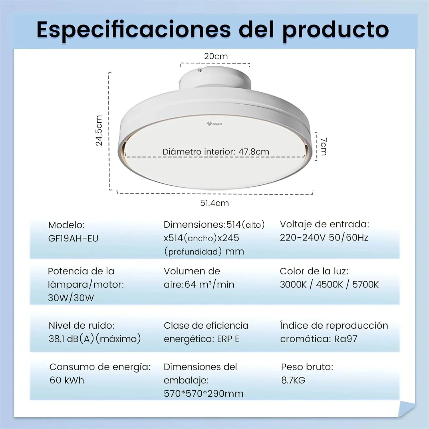 Silencioso Sin Aspas Ventilador de Techo con Luz Regulable 60W 30W Motor DC 30W Luz CCT 3000-5700K LED Lampara Ventilador Techo y Mando 6Velocidades