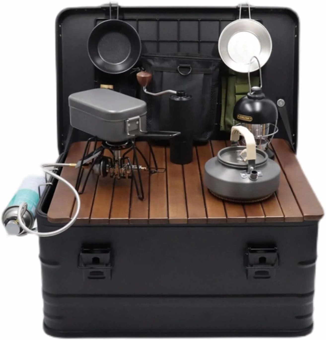 Camping box - Waterproof outdoor metal storage box. 47 liters. portable RV box. equipped with a wooden table and a set of 3 storage bags. large capacity storage box