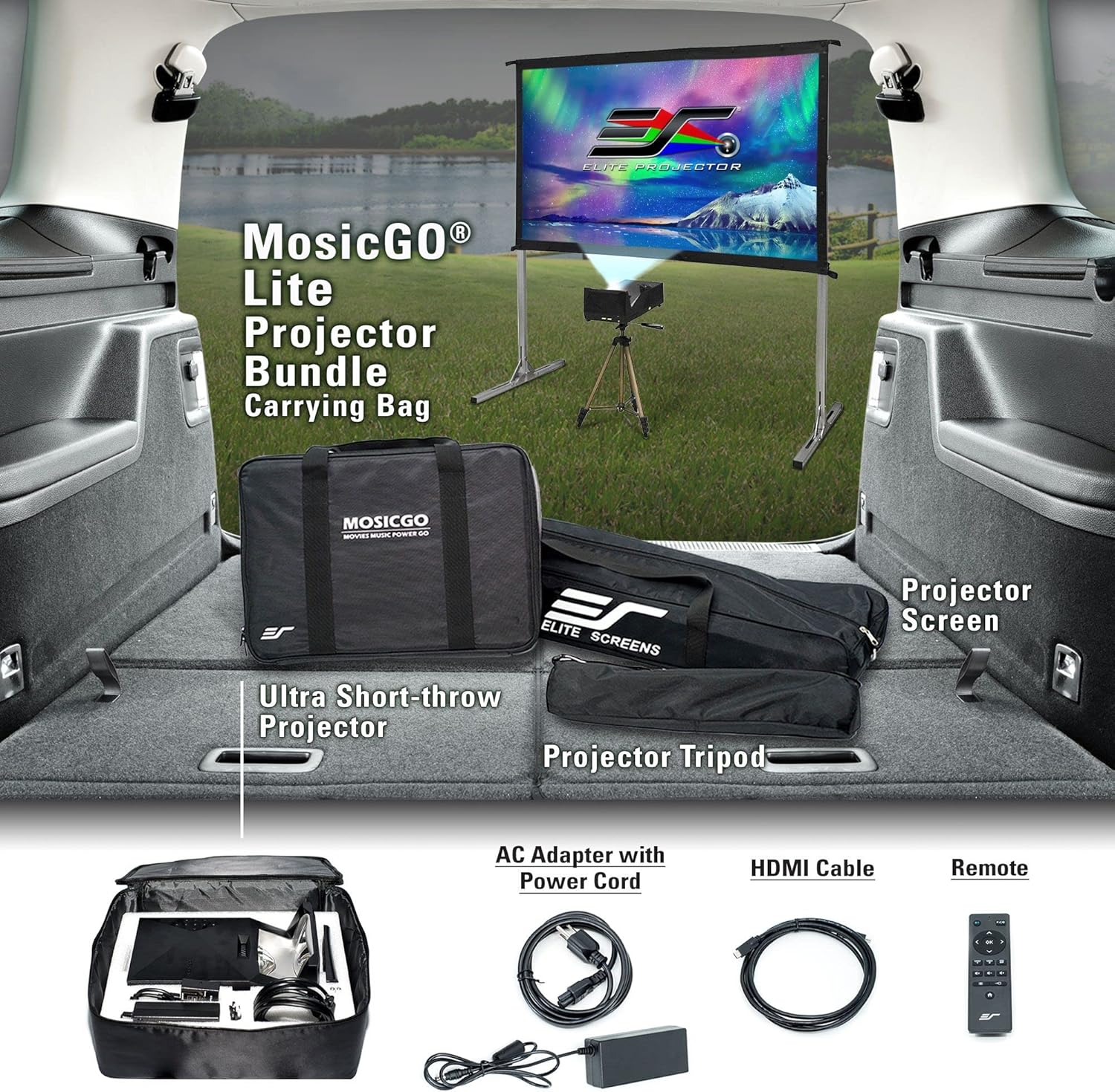 Projector ultra-short focal length portable outdoor family courtyard movie night projector. waterproof projector. 1080p resolution. 1500 lumens. supports Bluetooth and built-in battery. compatible with iOS TV platform
