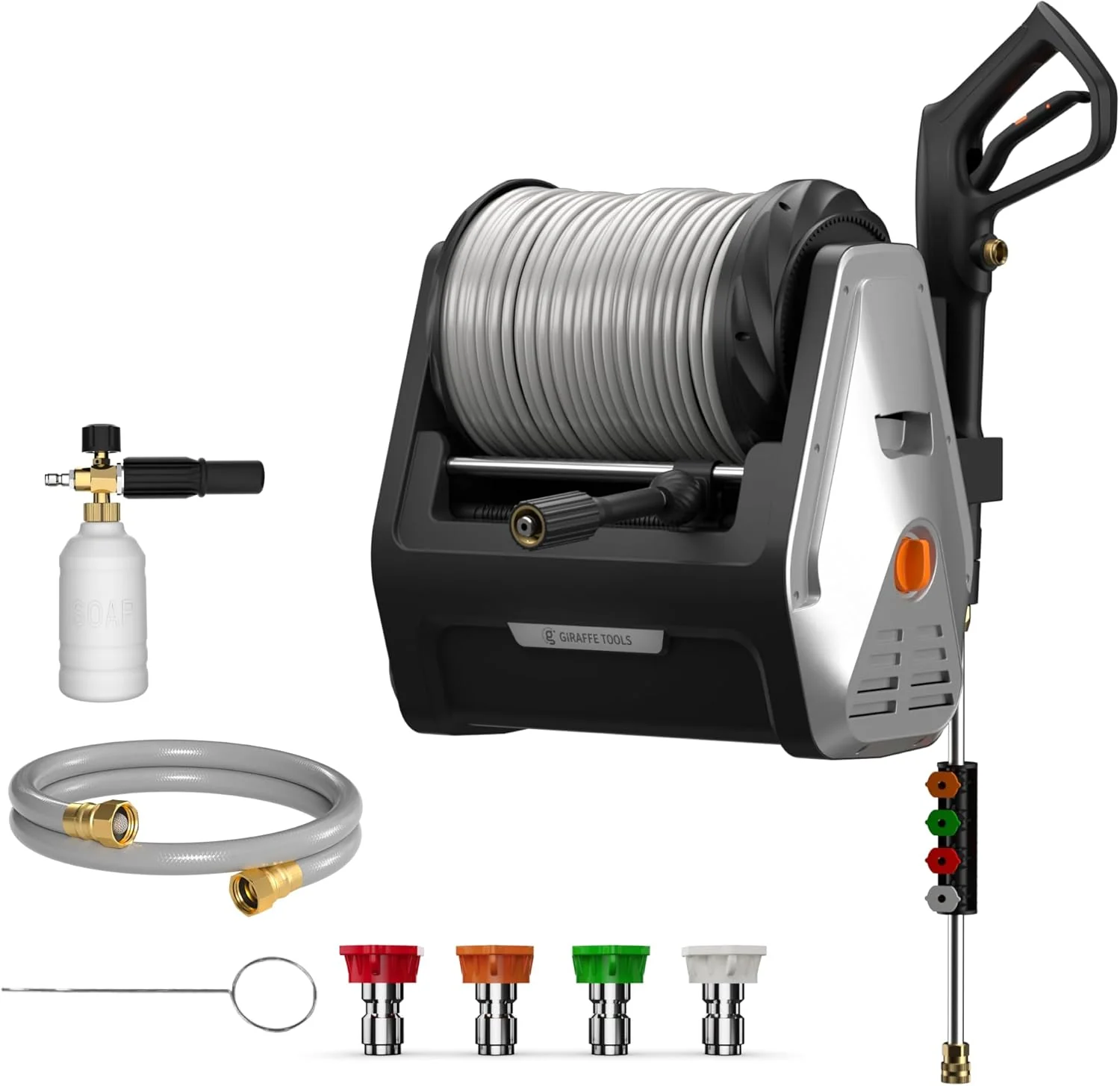 The wall-mounted high-pressure cleaning machine Plus is equipped with an upgraded 1800-watt motor. with a maximum pressure of 2900 pounds per square inch and an electric high-pressure cleaning machine that discharges 2.2 gallons per minute. It is equ